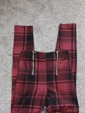 Ardene Red and Black Plaid High-Waist Pants with Front Zippers